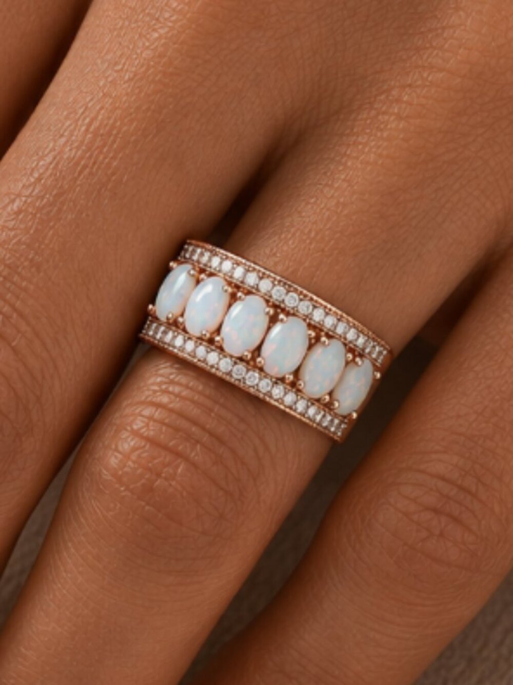 NEW 18k Rose Gold Diamond Opal Ring Band Wide Ring